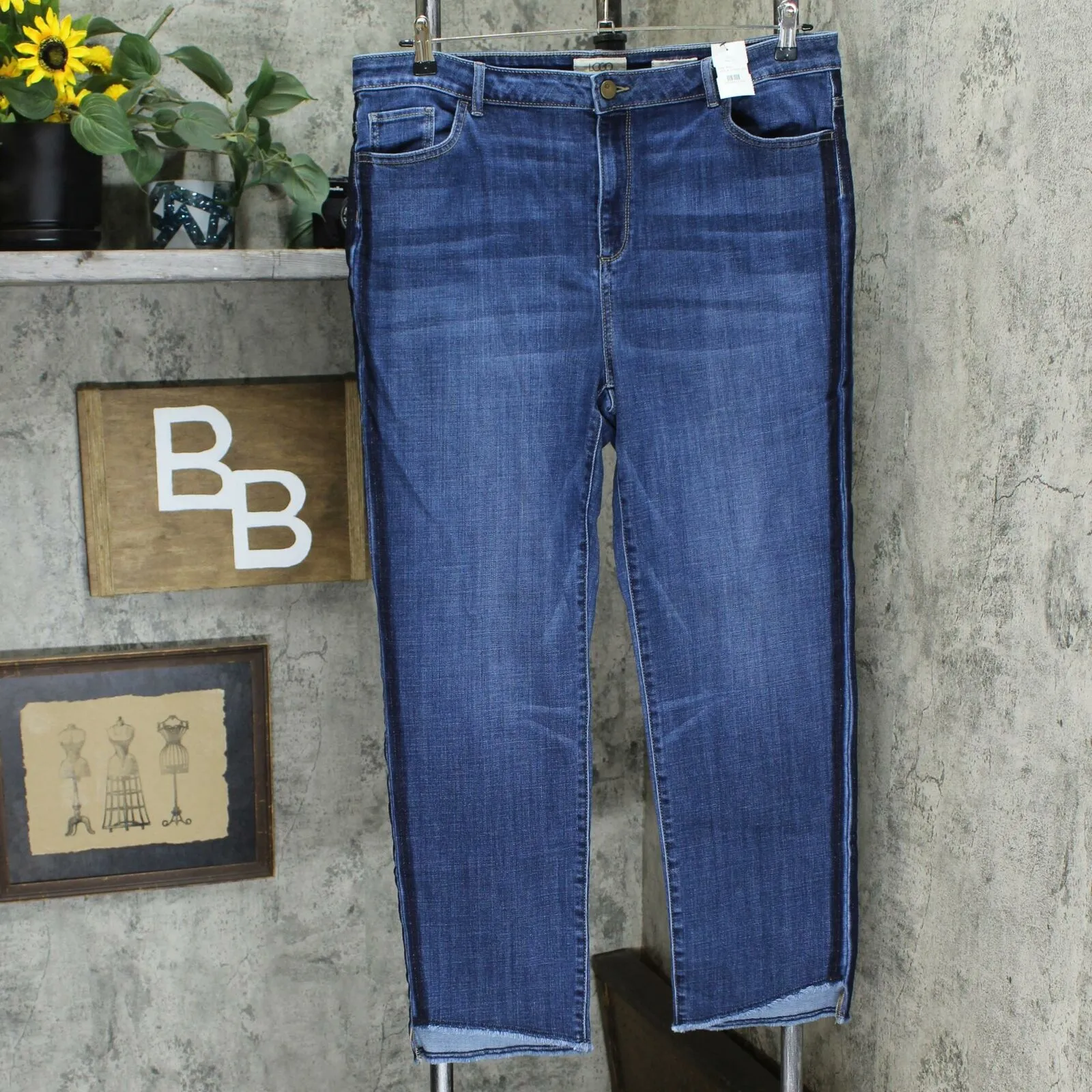 LOGO by Lori Goldstein Plus Size Fray And Stripe Straight Leg Ankle Jeans