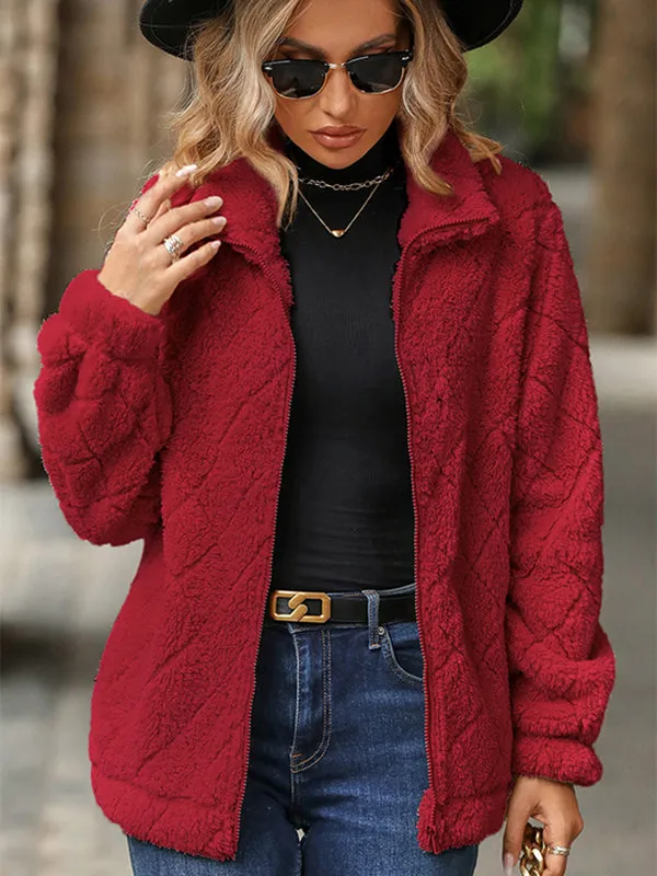 Long Sleeve Cardigan Zipper Diamond Plush Jacket