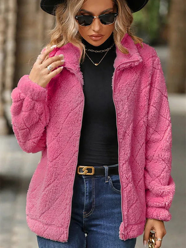Long Sleeve Cardigan Zipper Diamond Plush Jacket