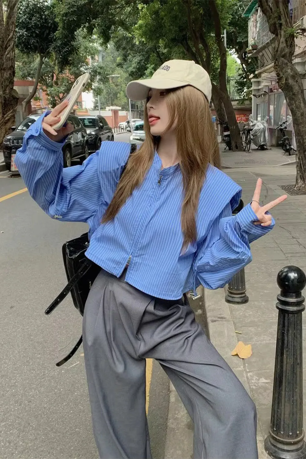Long Sleeve Retro Blue Striped Sexy Cropped Blouse Shirt