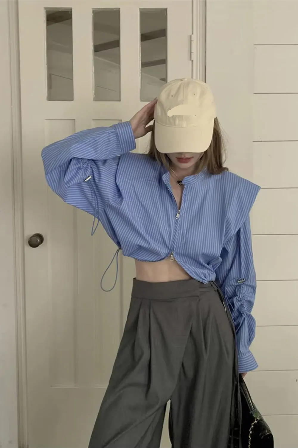 Long Sleeve Retro Blue Striped Sexy Cropped Blouse Shirt
