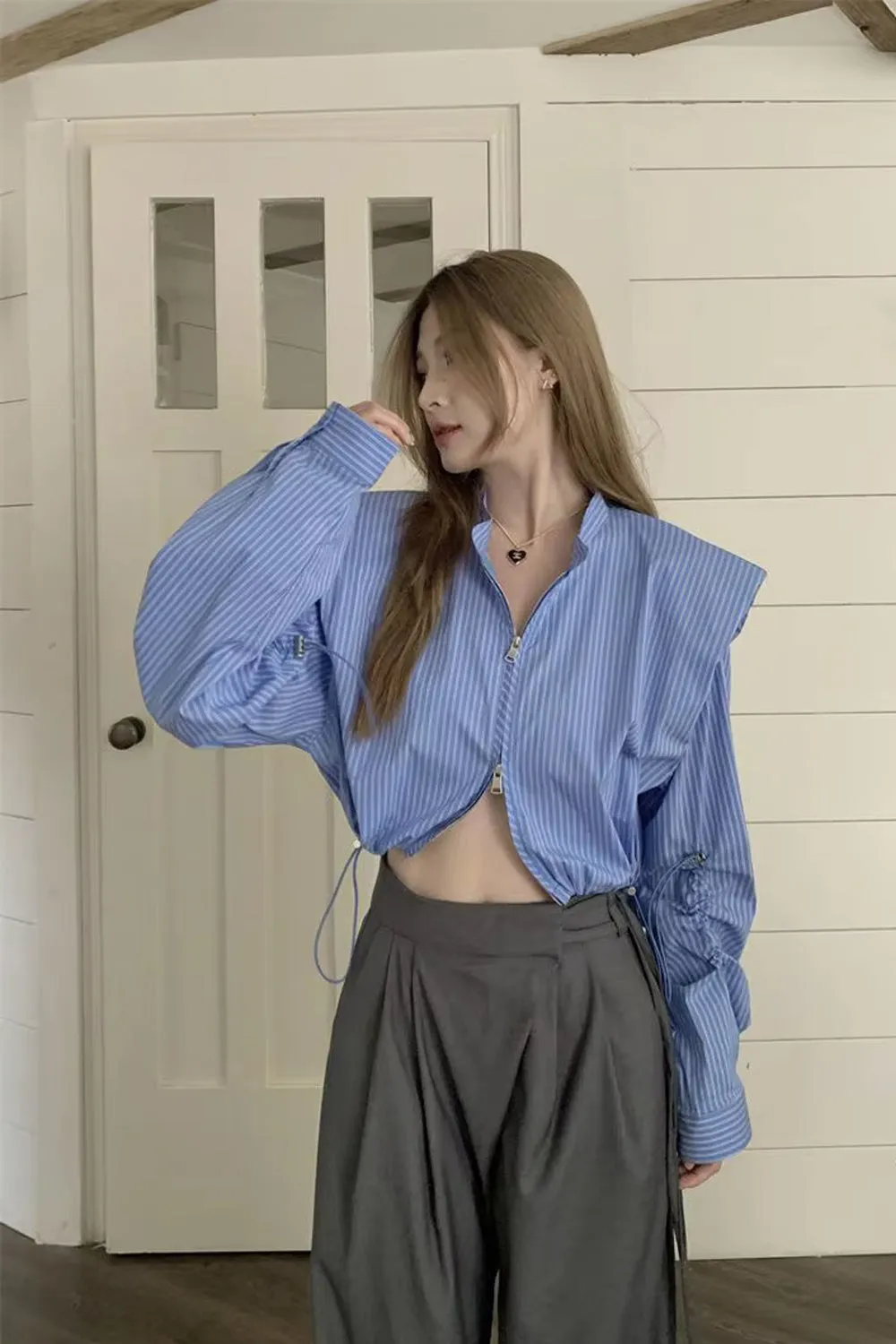 Long Sleeve Retro Blue Striped Sexy Cropped Blouse Shirt
