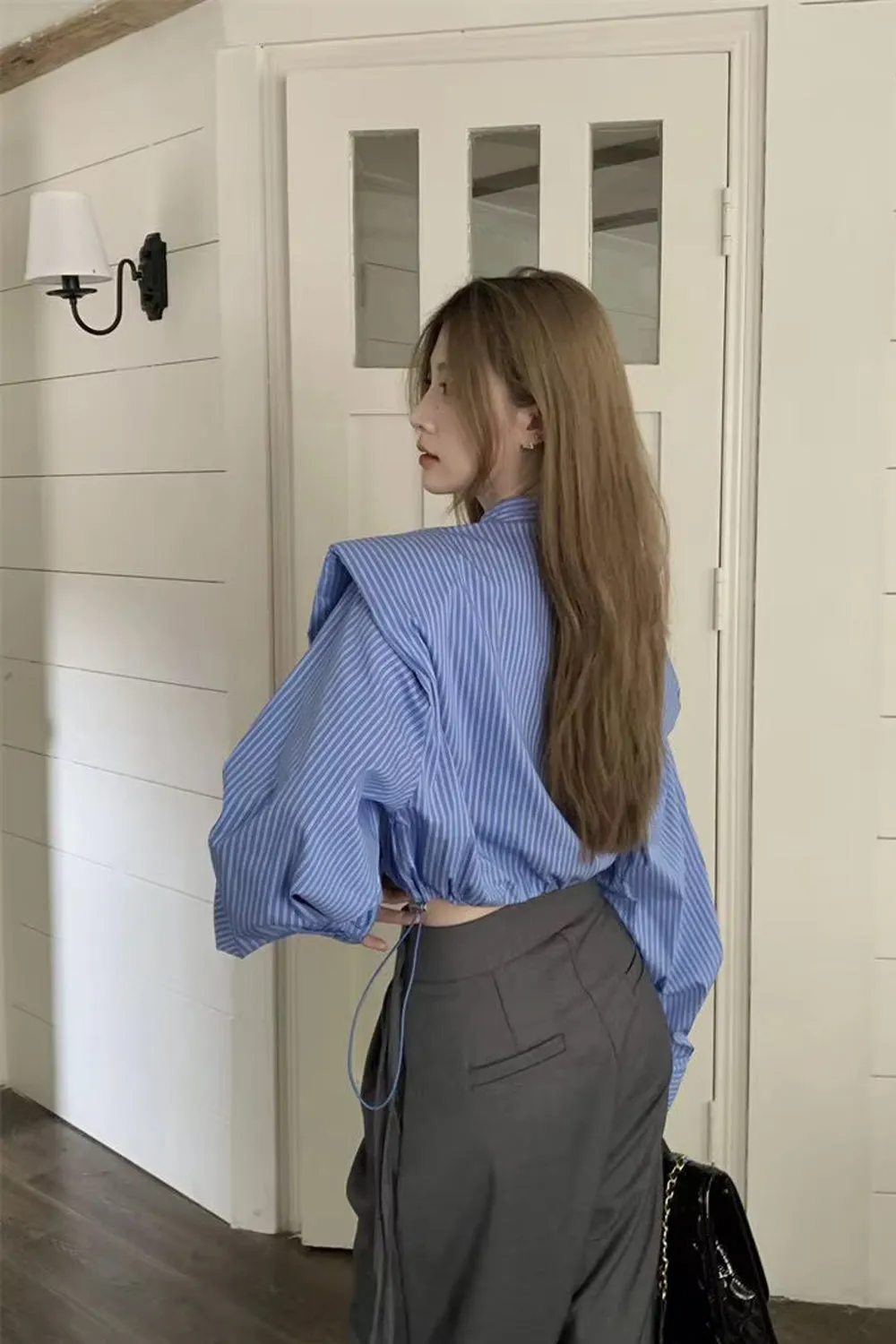 Long Sleeve Retro Blue Striped Sexy Cropped Blouse Shirt