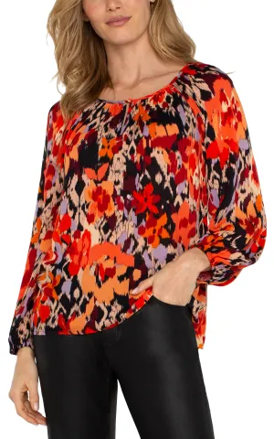Long Sleeve Shirred Woven Blouse