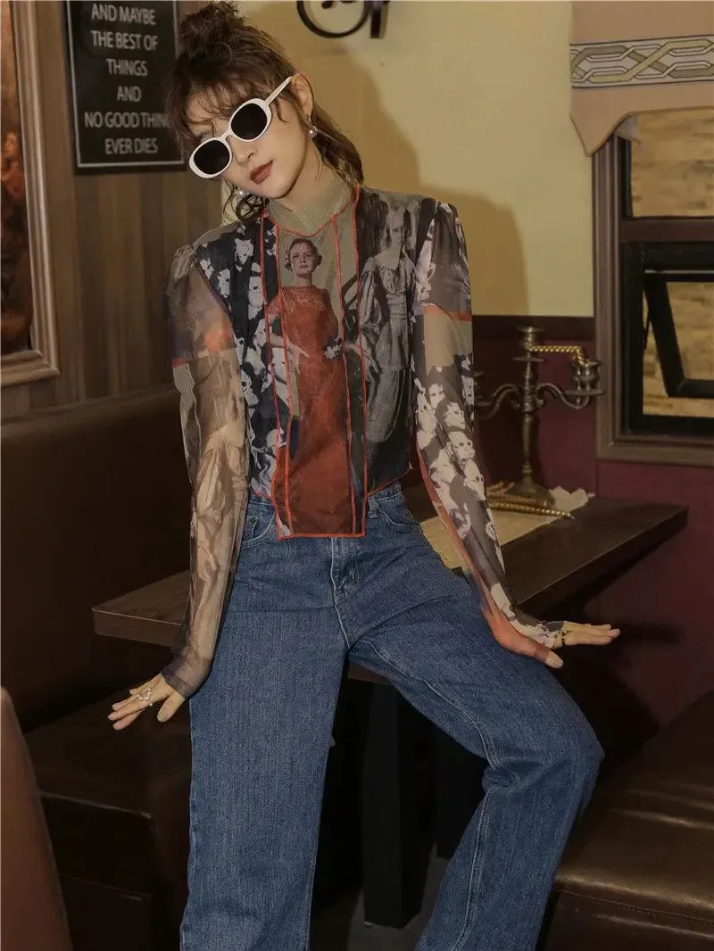 Long Sleeve Vintage Mesh Turtleneck Top