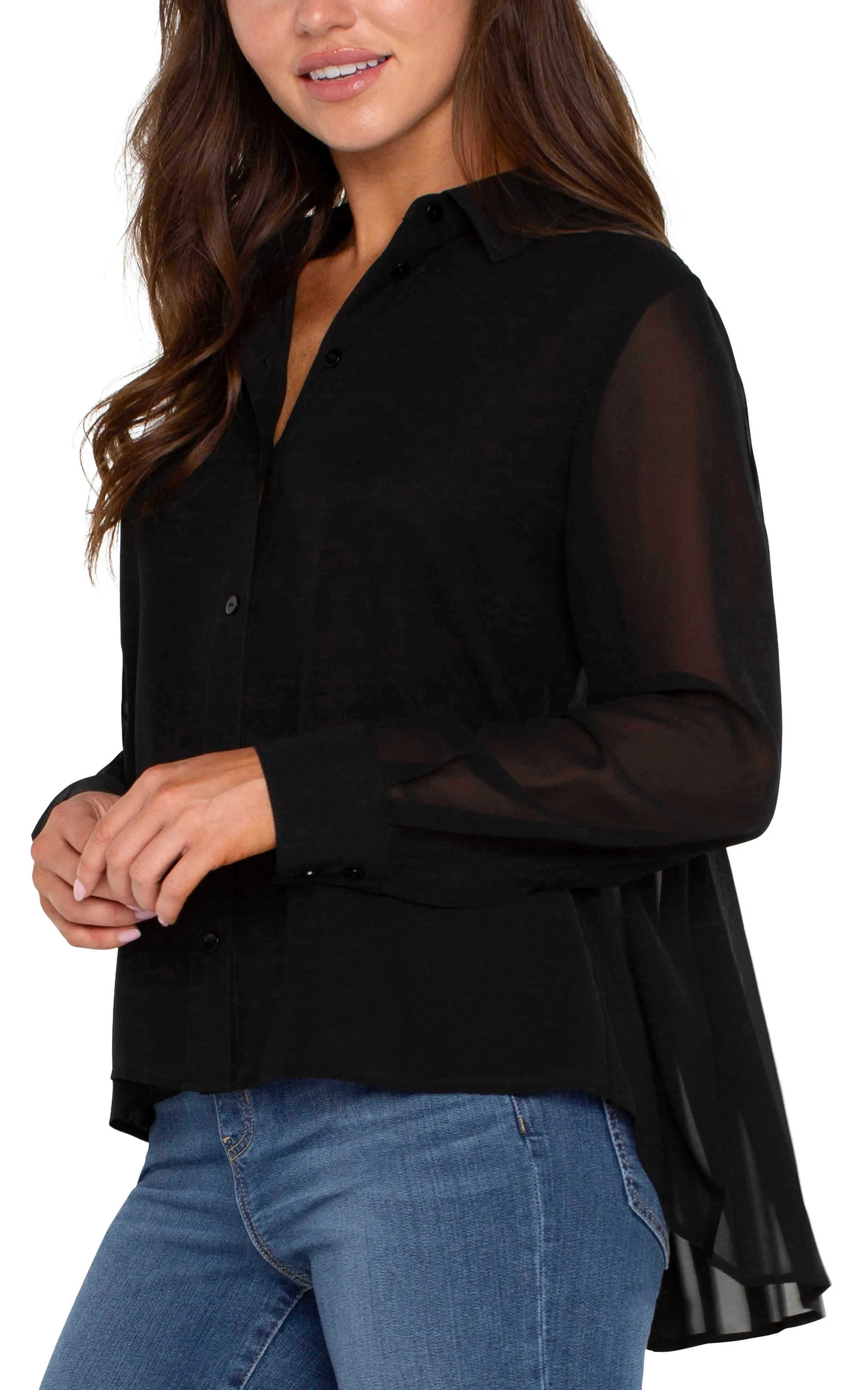 Long Sleeve Woven Shirt with Pleat Back Detail