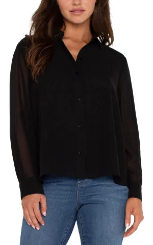 Long Sleeve Woven Shirt with Pleat Back Detail