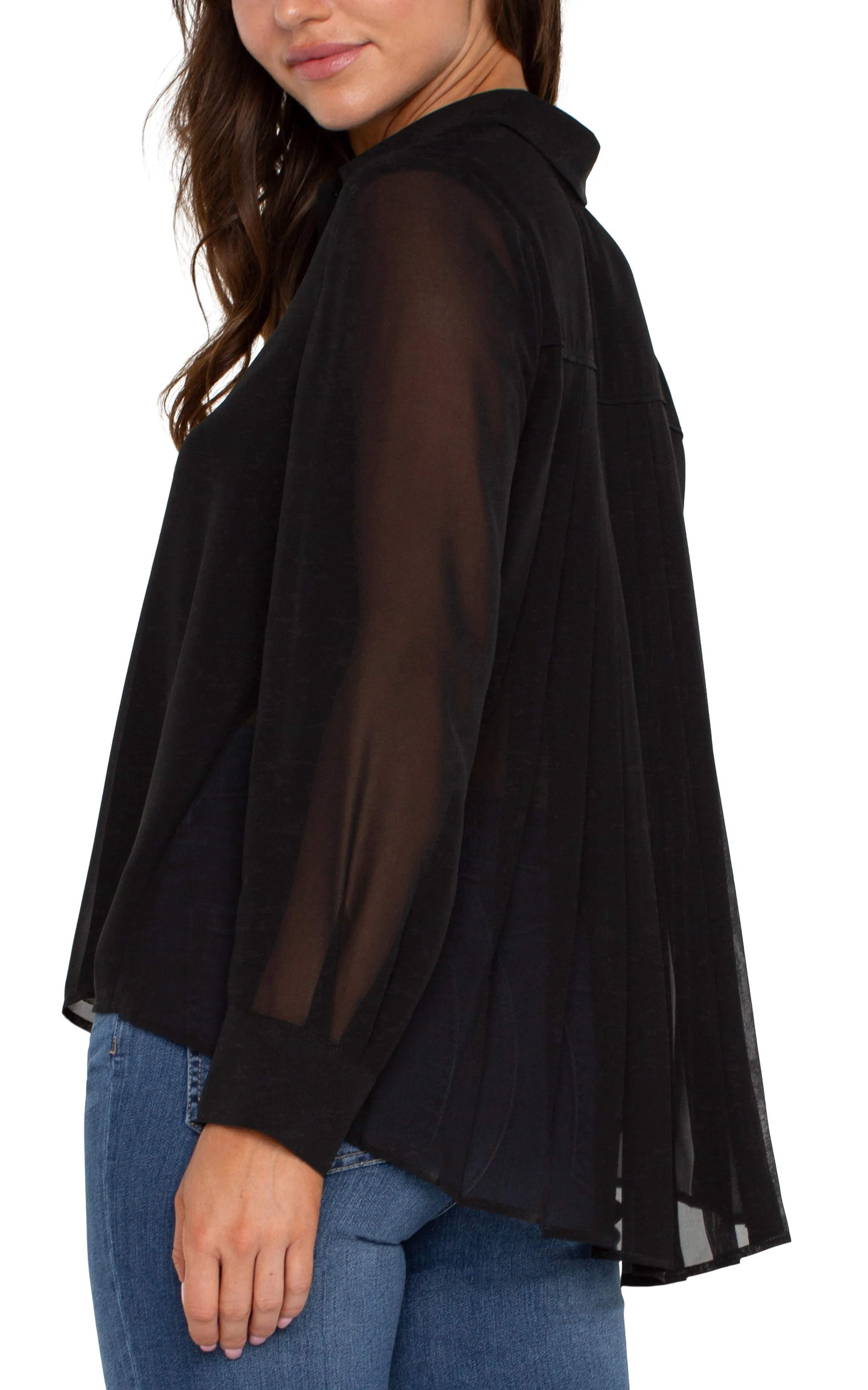 Long Sleeve Woven Shirt with Pleat Back Detail