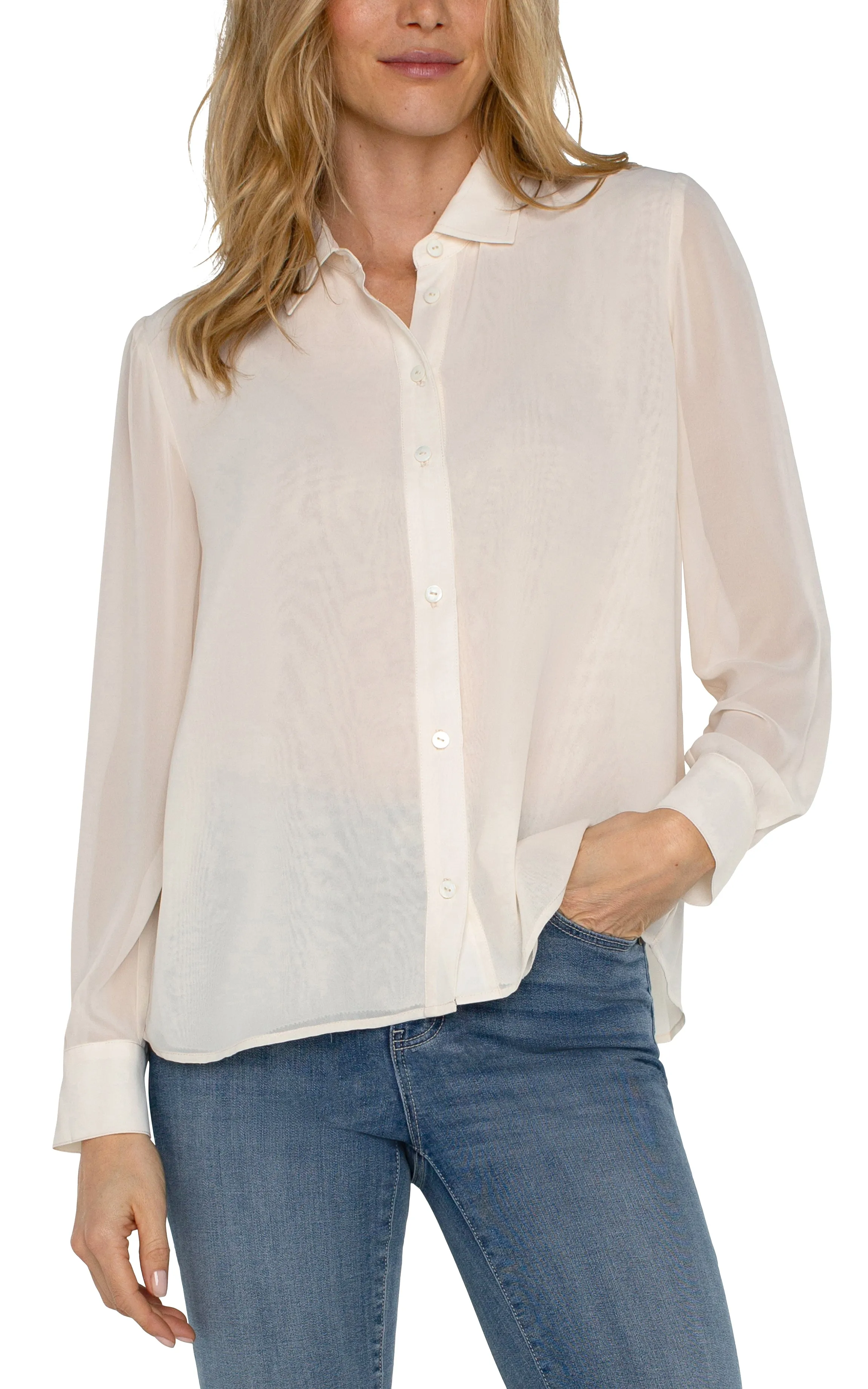 Long Sleeve Woven Shirt with Pleat Back Detail