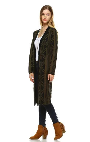 Long Trench Cardigan Tribal Sweater Geometric Olive Green