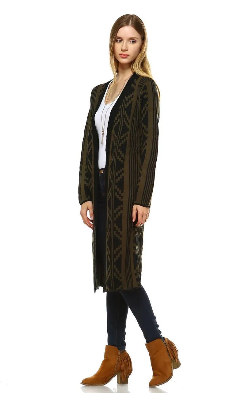 Long Trench Cardigan Tribal Sweater Geometric Olive Green