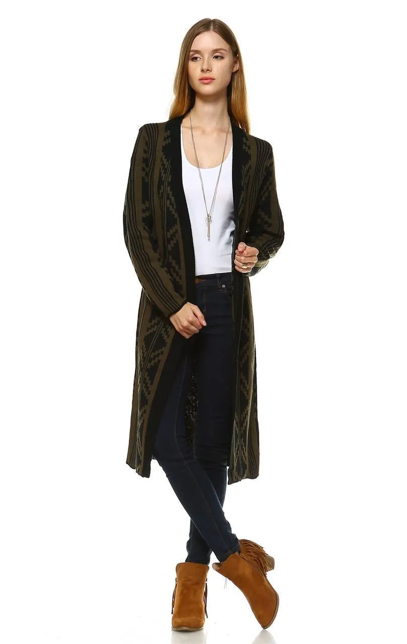 Long Trench Cardigan Tribal Sweater Geometric Olive Green