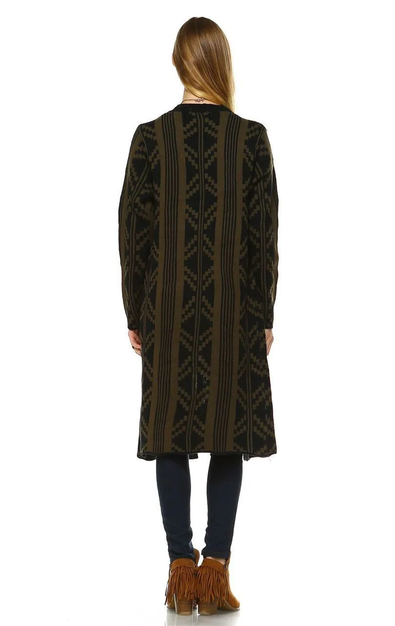Long Trench Cardigan Tribal Sweater Geometric Olive Green