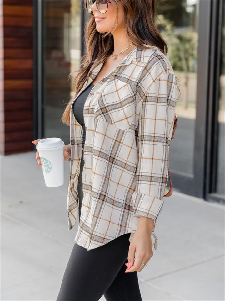 Loose Ultrathin Lapel Long Sleeve Plaid Blouses for Women