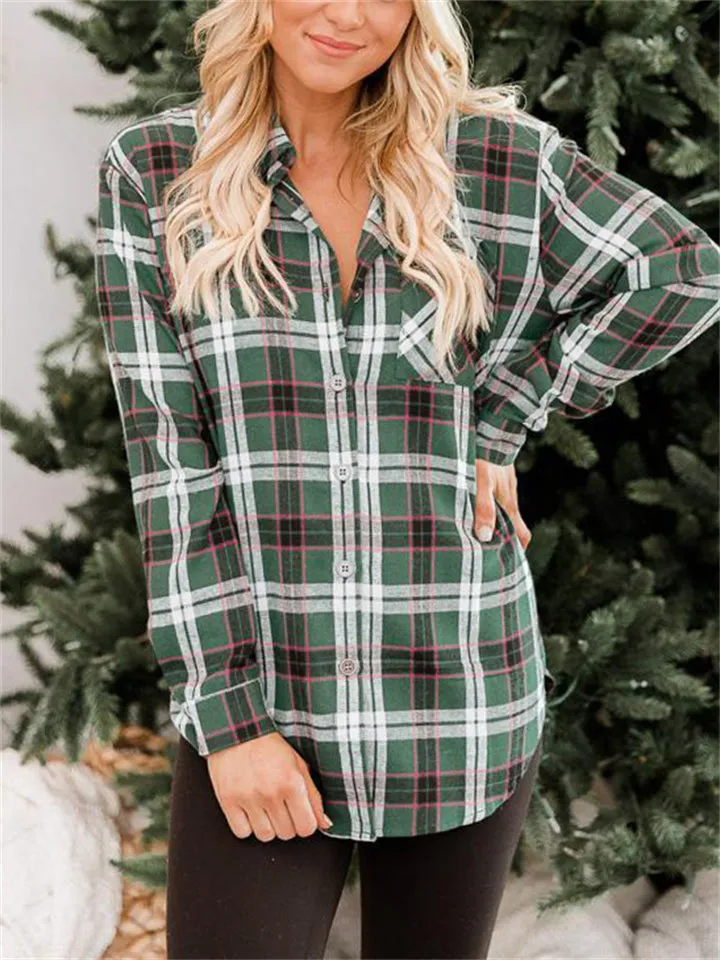 Loose Ultrathin Lapel Long Sleeve Plaid Blouses for Women
