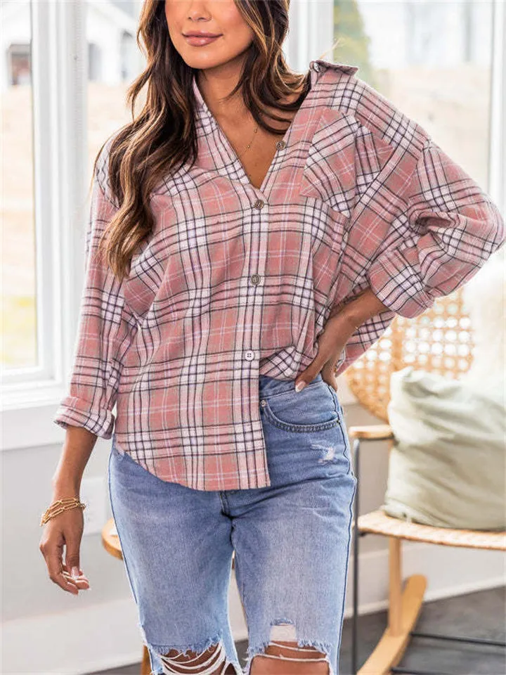 Loose Ultrathin Lapel Long Sleeve Plaid Blouses for Women