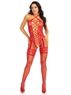 Love Sign Heart Net Bodystocking - Red - One Size