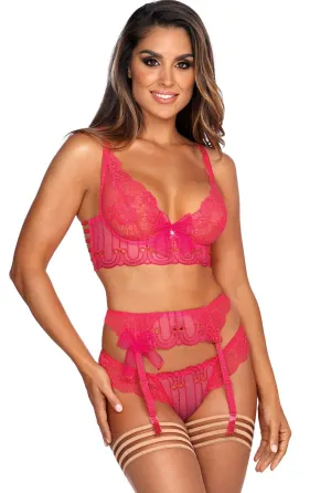 Luxury Women's Pink Lace Bra, Grstring & Garterbelt Set