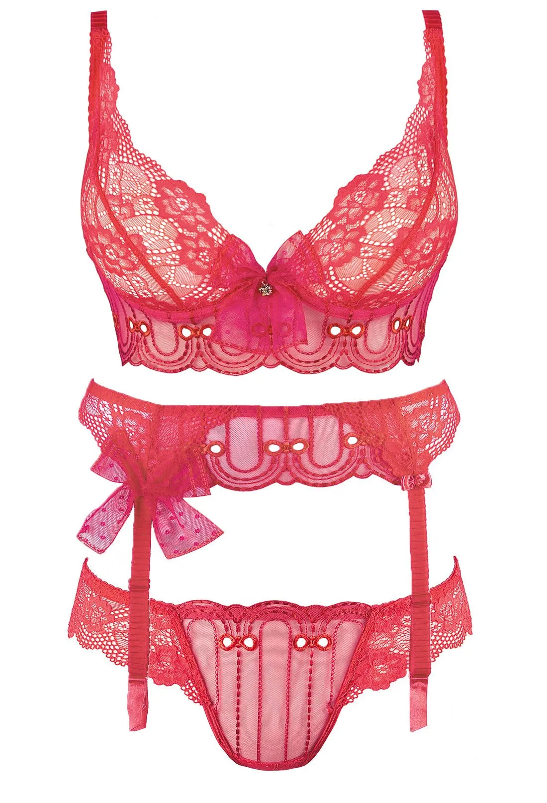 Luxury Women's Pink Lace Bra, Grstring & Garterbelt Set