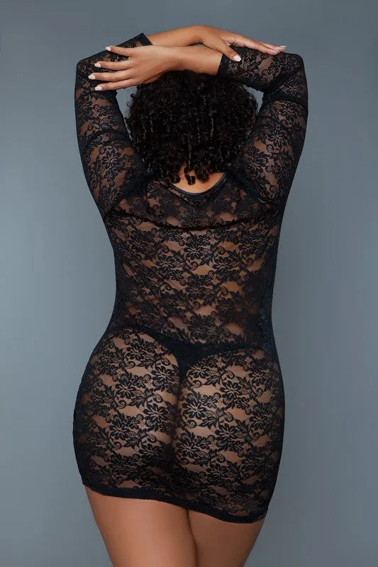 Lynn Lace Chemise – Sheer Long Sleeve Lingerie Slip with Crisscross Detail