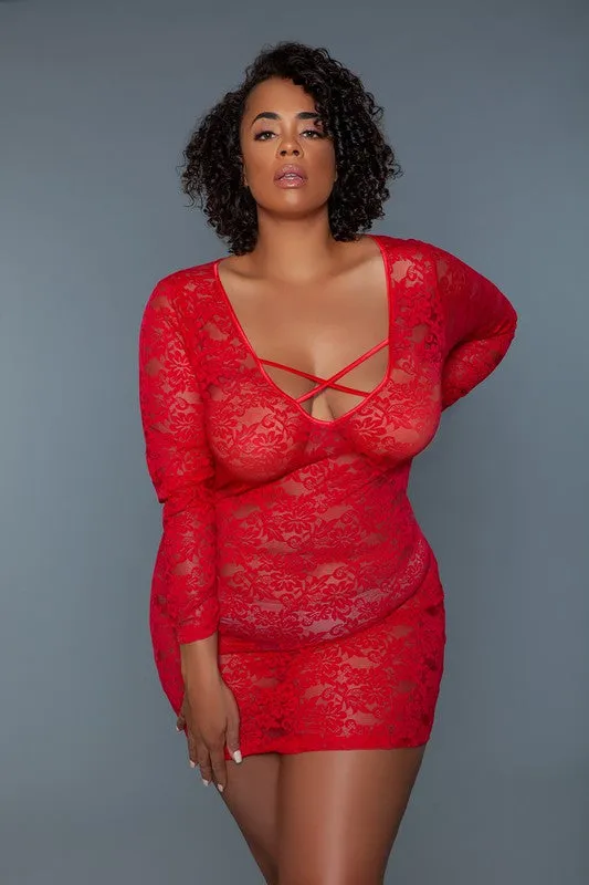 Lynn Lace Chemise – Sheer Long Sleeve Lingerie Slip with Crisscross Detail