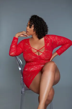 Lynn Lace Chemise – Sheer Long Sleeve Lingerie Slip with Crisscross Detail