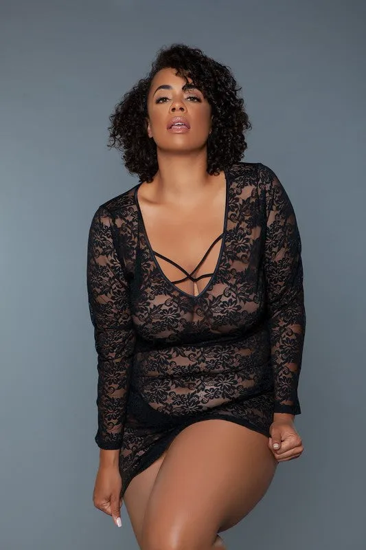 Lynn Lace Chemise – Sheer Long Sleeve Lingerie Slip with Crisscross Detail