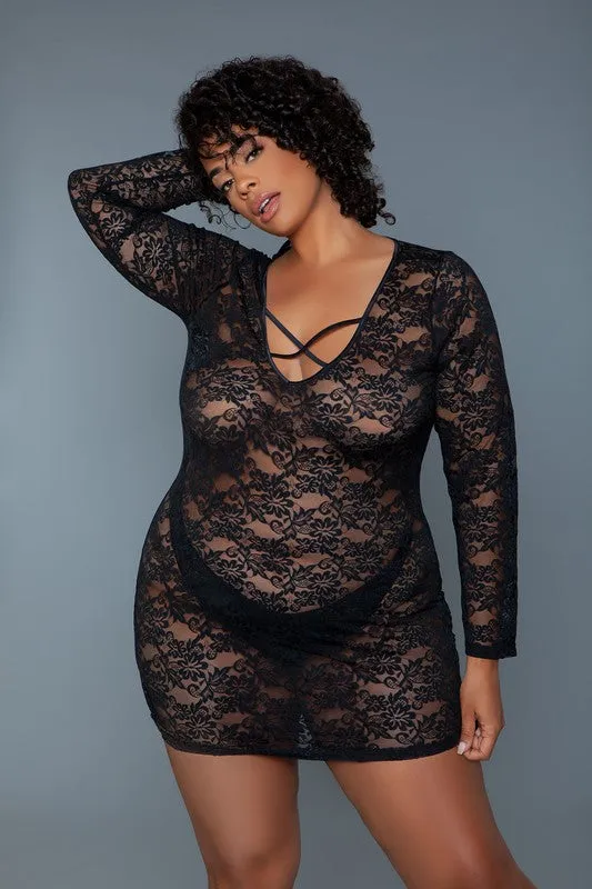 Lynn Lace Chemise – Sheer Long Sleeve Lingerie Slip with Crisscross Detail
