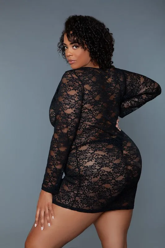 Lynn Lace Chemise – Sheer Long Sleeve Lingerie Slip with Crisscross Detail