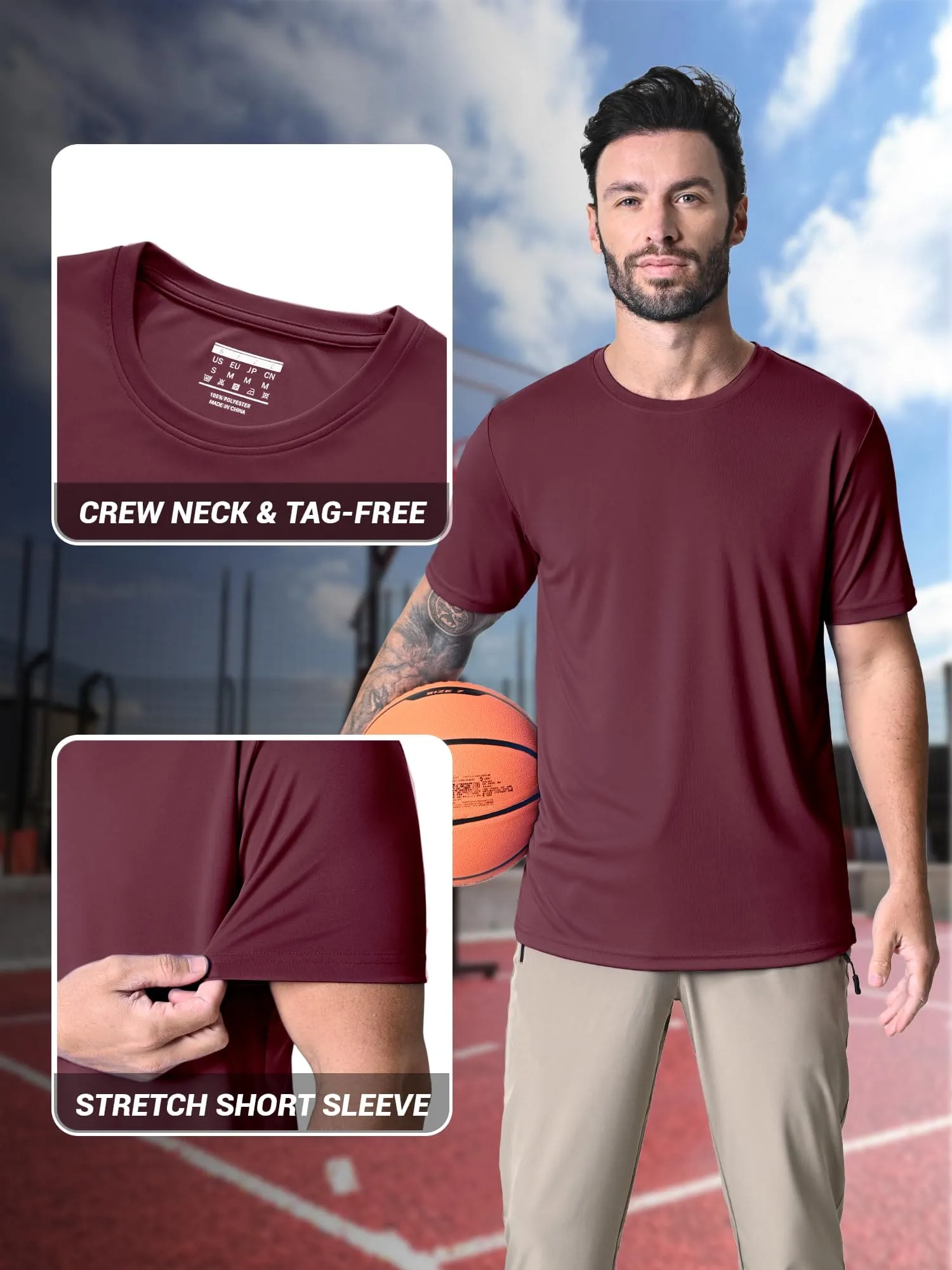 MAGCOMSEN Short Sleeve T Shirt Men UV Protection UPF 50 Shirts Moisture Wicking T Shirts Quick Dry Active Shirts Crew Neck Wine
