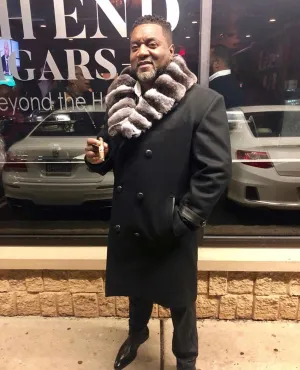Men's Custom Made Black Cashmere Trench Coat with Chinchilla Fur Collar