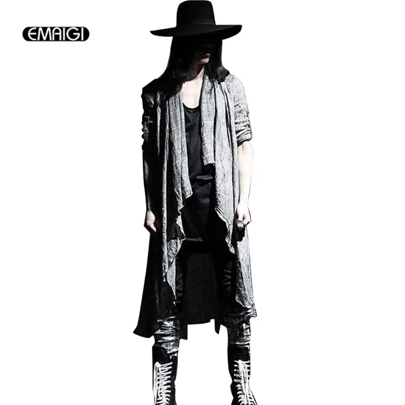 Mens Vintage Long Sleeve Linen Thin Shawl Cardigan Coat Fashion Casual Male Pull Style Punk Gothic Trench long jacket Outerwear