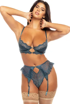 Misty Green Satin Bra & Garter Panty Lingerie Set