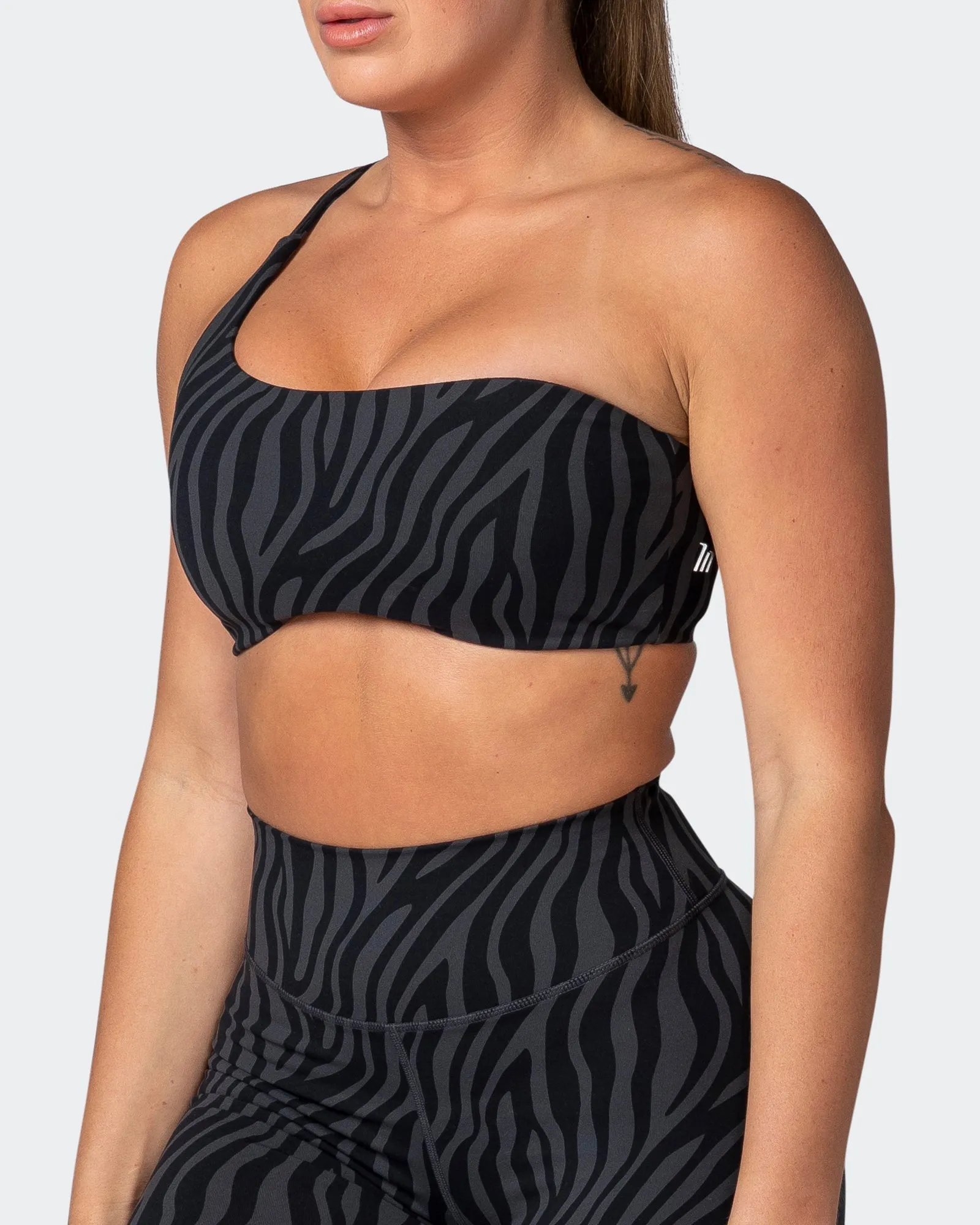Movement One Shoulder Bralette - Monochrome Zebra Print