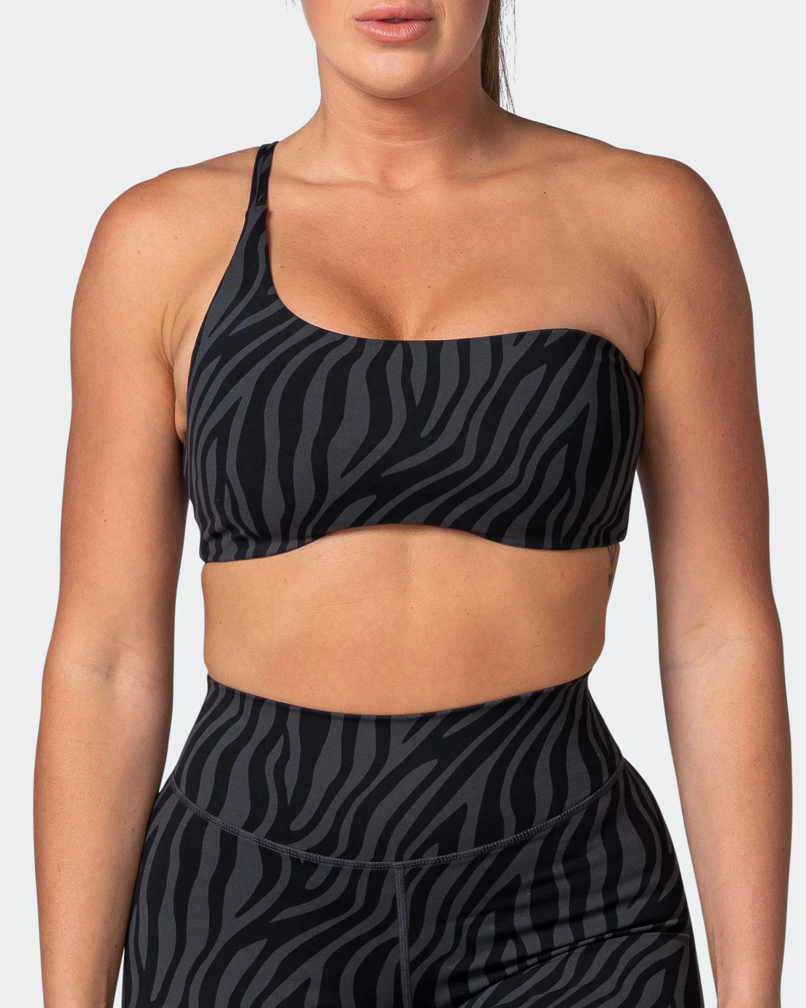Movement One Shoulder Bralette - Monochrome Zebra Print