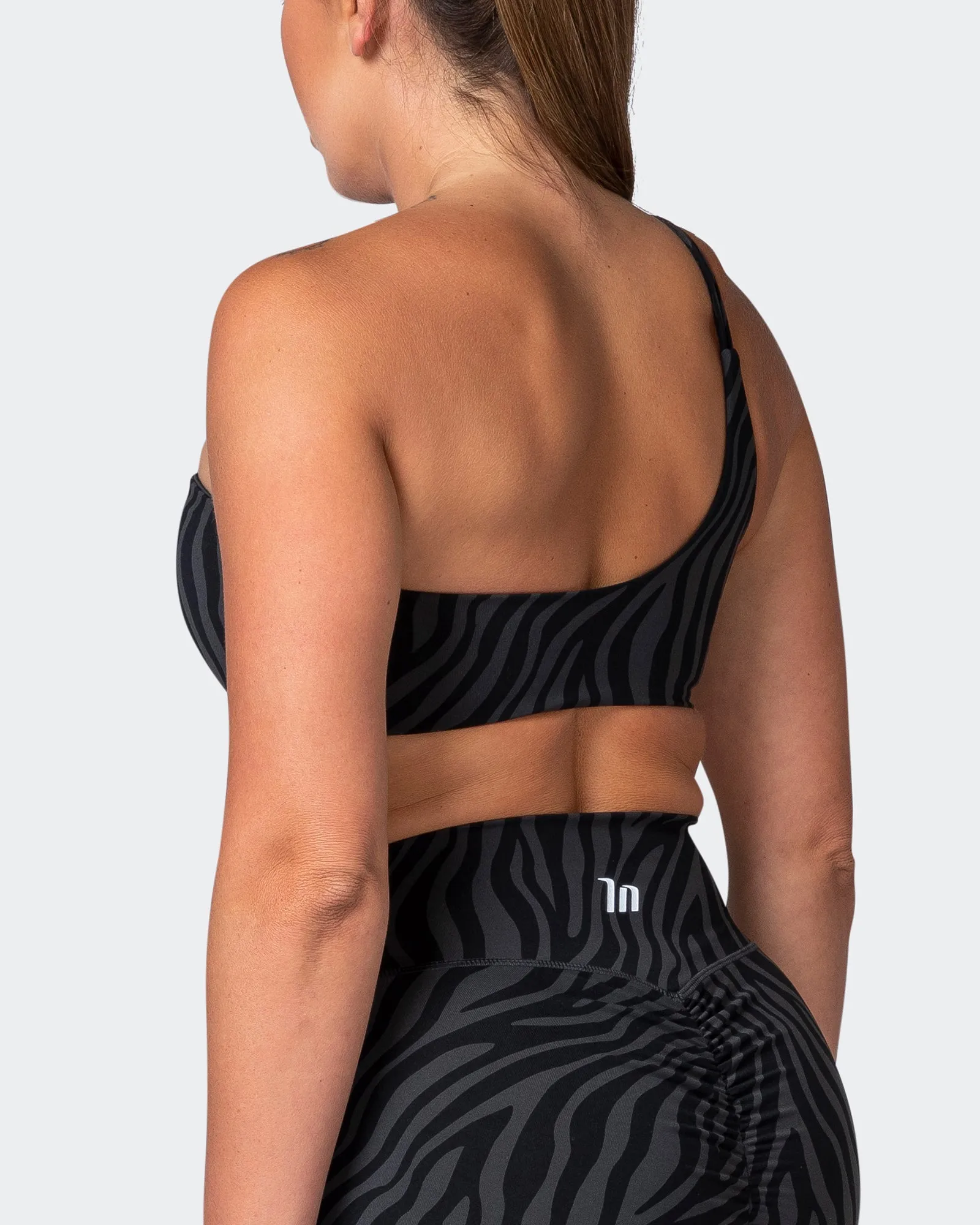Movement One Shoulder Bralette - Monochrome Zebra Print