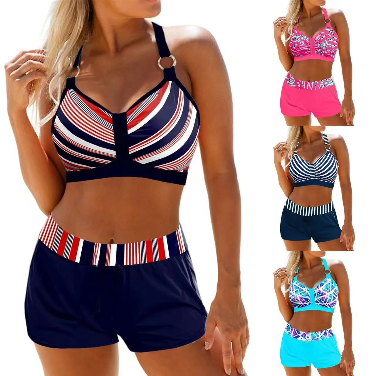 Multi-color Stripe Printed Strap Boxer High Waist Bikini
