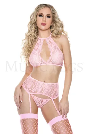 Music Legs Lingerie Open Bust Halter Top With Matching Lace Garter Belt & G-string ML20046