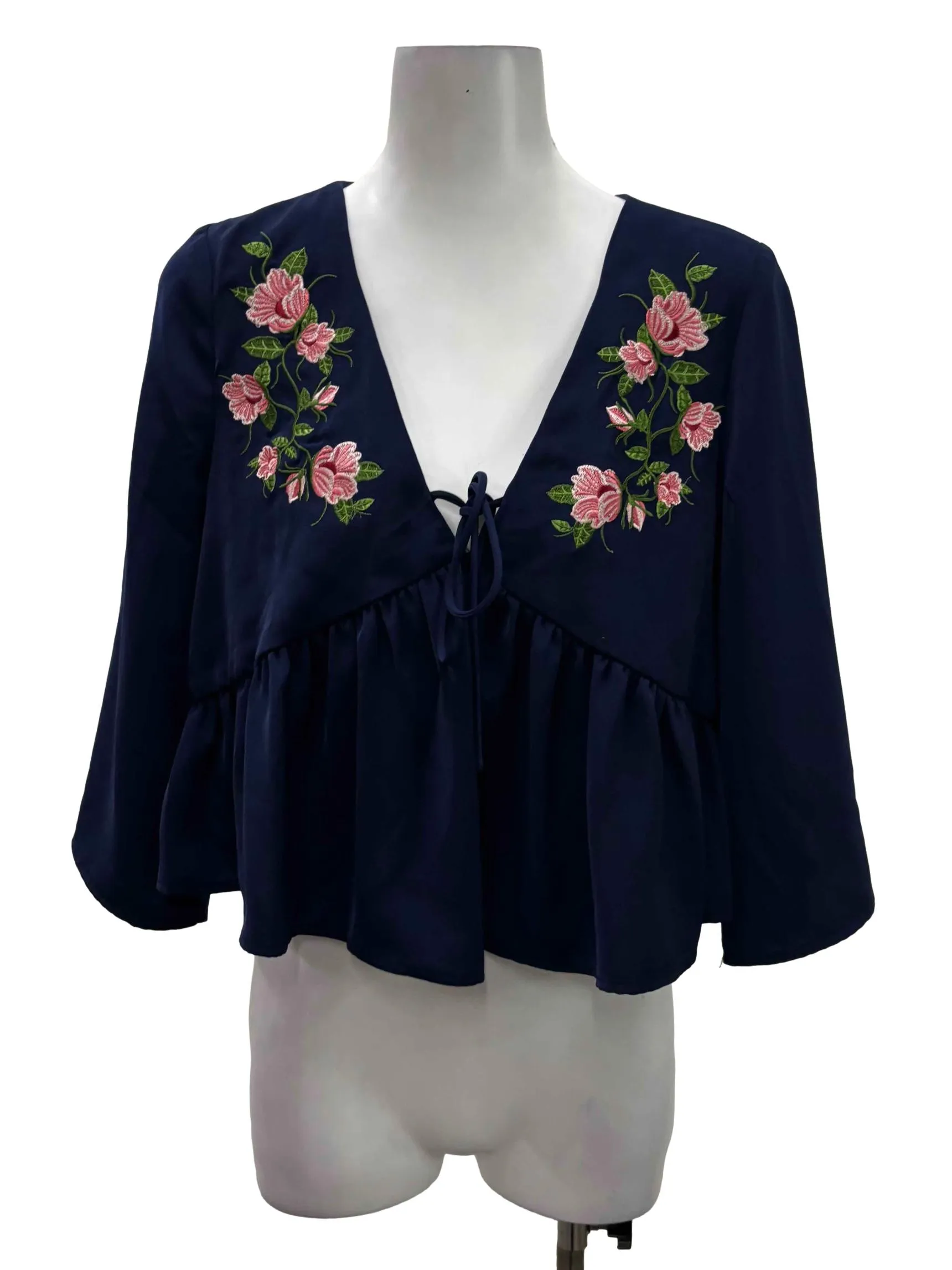 Navy Blue V-Neck Floral Blouse