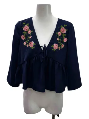 Navy Blue V-Neck Floral Blouse