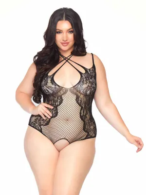 Net Lace Crotchless Teddy with Multi Strap Wrap