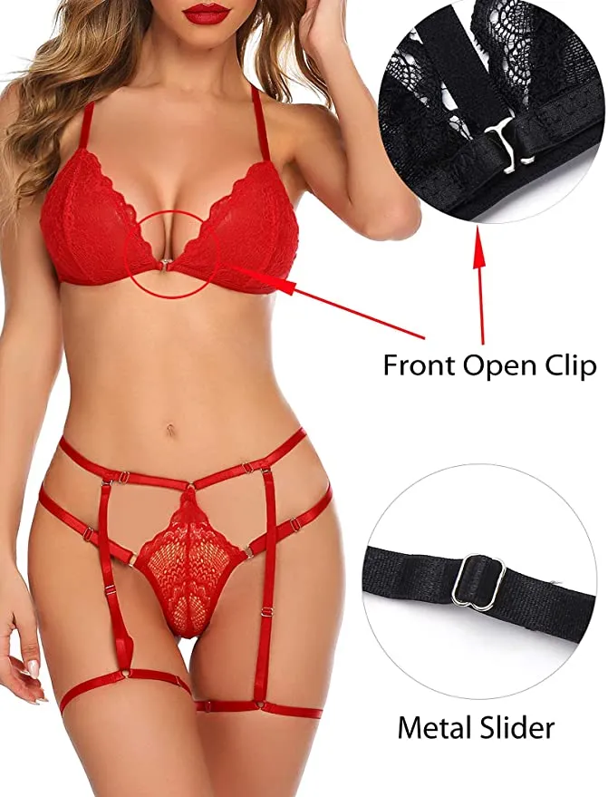 New Avidlove Garter Lingerie for Women Lace Bralette and Panty Sexy Strappy 3 Piece, Red, Sz S!