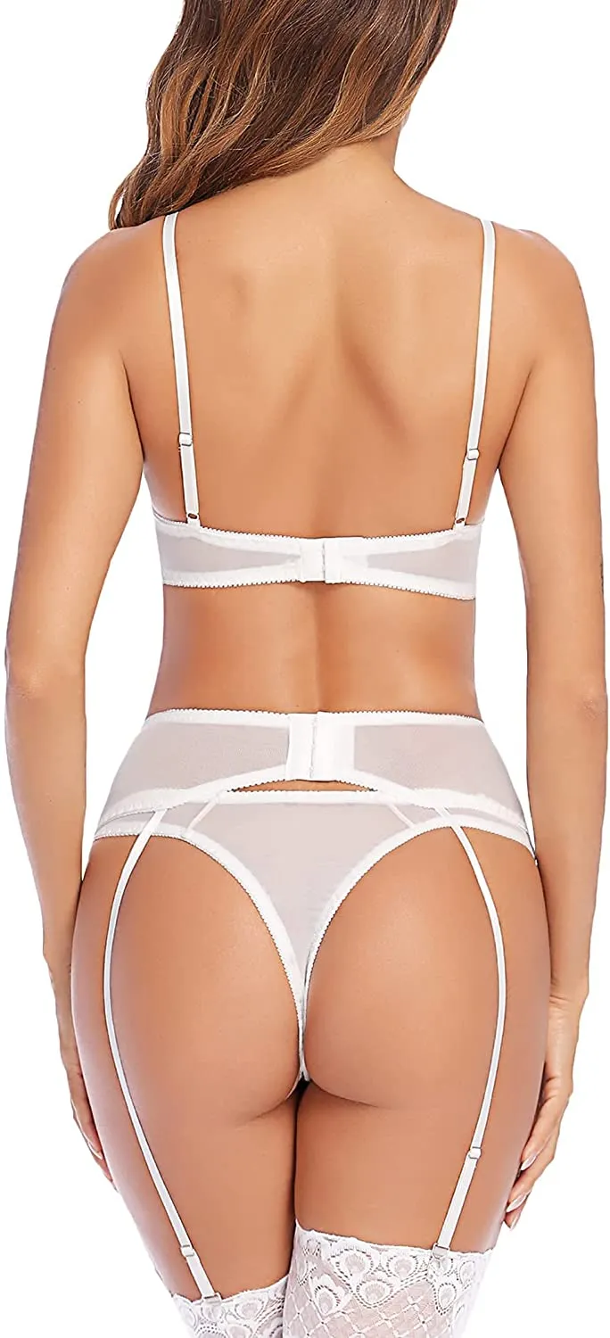 New Avidlove Sexy Lingerie for Women Garter Bra and Panty Set 3 Piece Lace White, XL