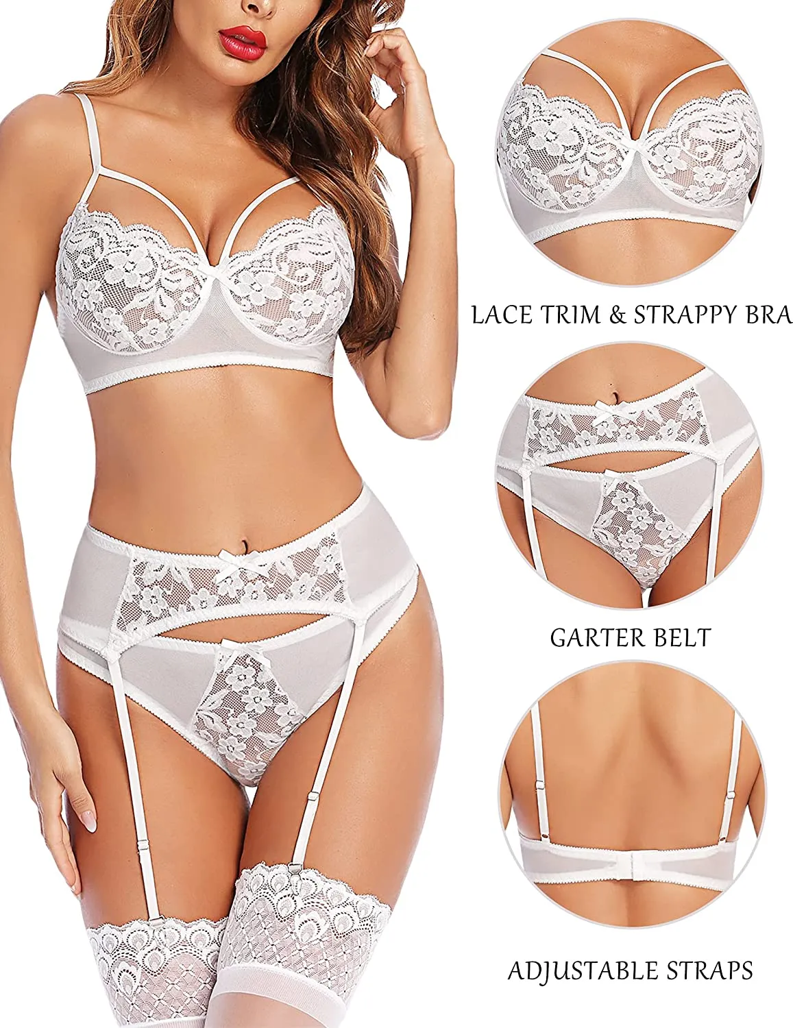 New Avidlove Sexy Lingerie for Women Garter Bra and Panty Set 3 Piece Lace White, XL