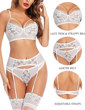 New Avidlove Sexy Lingerie for Women Garter Bra and Panty Set 3 Piece Lace White, XL
