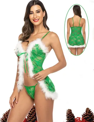 New Avidlove Women Christmas Babydoll Set Lingerie Chemise Outfit, Green with white faux fur, Sz XXL!