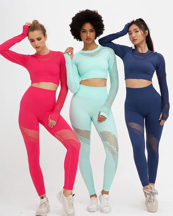 New Seamless Mesh Long Sleeves Gym Sets