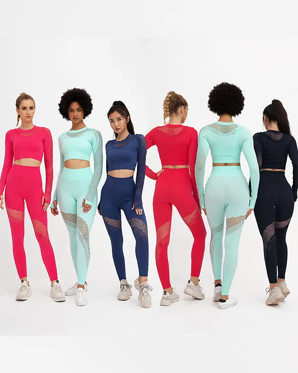 New Seamless Mesh Long Sleeves Gym Sets