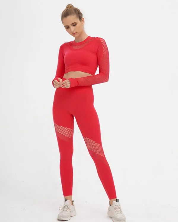 New Seamless Mesh Long Sleeves Gym Sets