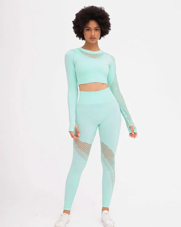 New Seamless Mesh Long Sleeves Gym Sets